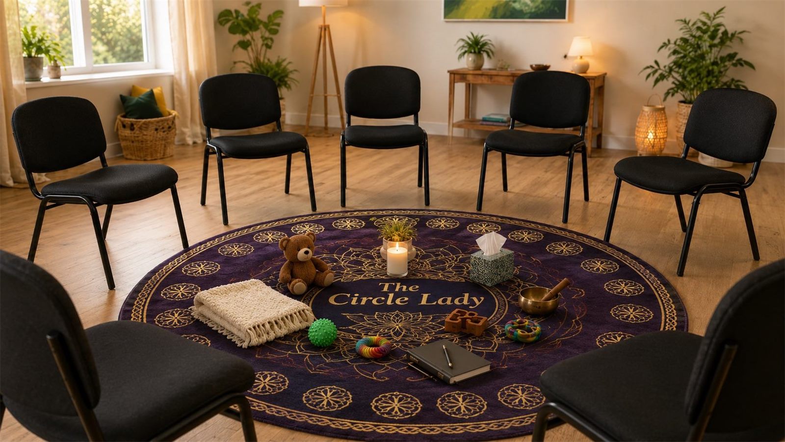 A circle of chairs arranged around a centerpiece in a warm, softly lit room prepared for a restorative circle