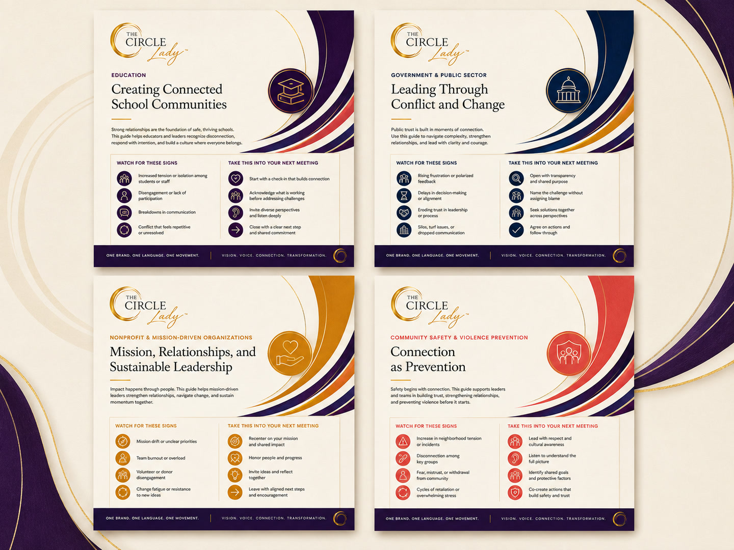 The four Circle Lady guides shown together: Creating Connected School Communities, Leading Through Conflict and Change, Mission Relationships and Sustainable Leadership, and Connection as Prevention