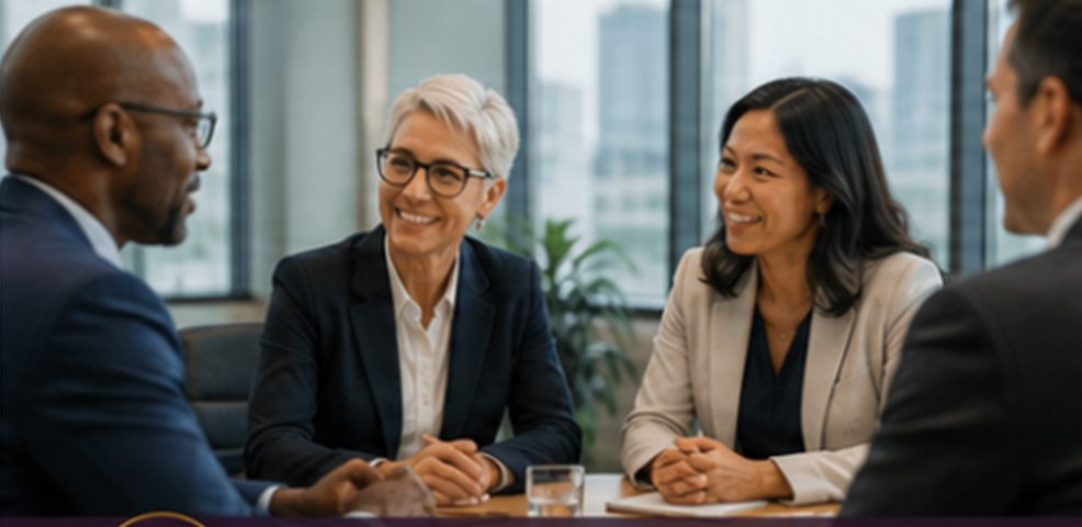 Colleagues in conversation around a boardroom table beside a window