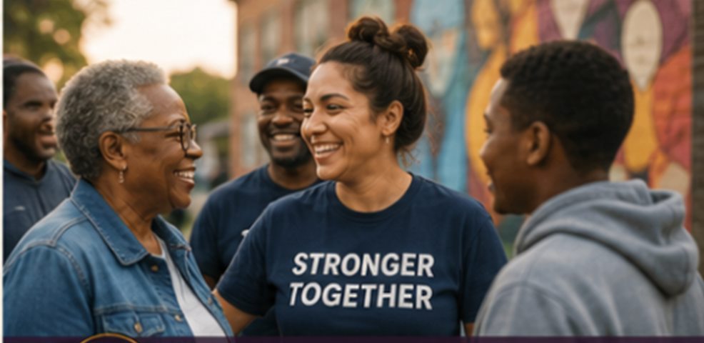 Neighbours talking together outdoors at a community gathering