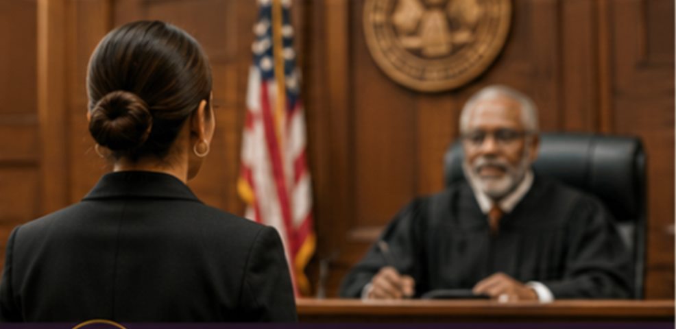 An attorney addressing a judge in a wood panelled courtroom